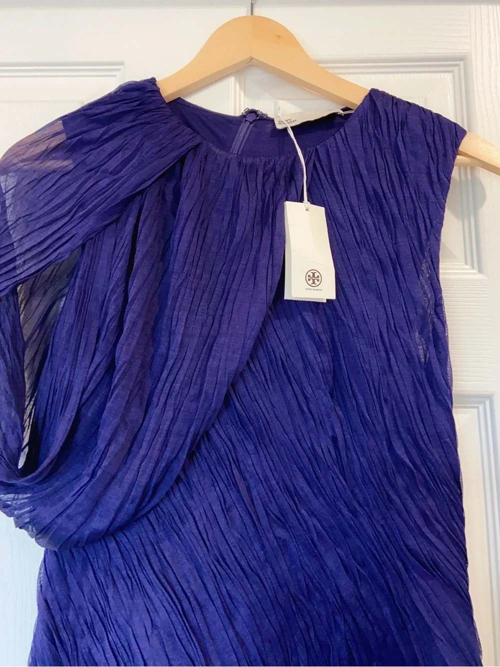 NWT $2298 Tory Burch One-sleeve Draped Silk-plissé Mini Dress In Purple